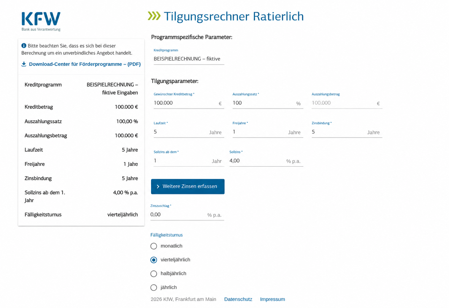 KfW-Tilgungsrechner mit fiktiven Beispieleingaben für eine Unternehmensfinanzierung